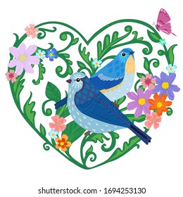 couple of lovely birds sitting on stylized twigs with leaves in the shape of a heart for your design