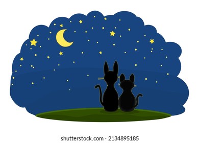 Couple of lovely cats on night starry sky background. Romantic love cats silhouettes under evening sky with many stars and moon. Two sweet cats in love watching the moon. Stock vector illustration