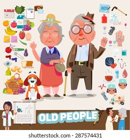 Couple Of Lovely Old People With Icons Set. Elements Graphic. Infographic. Character Design - Vector Illustration