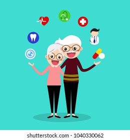 couple of lovely senior with healthcare icons set. old people health concept vector illustration.