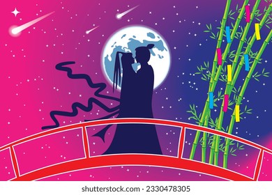 Couple of  lover appointment at the bridge in full moon night  Chinese valentine day novel- Chinese romantic legend called Qixi Festival or Tanabata Festival in Japan drawing  colorful cartoon vector