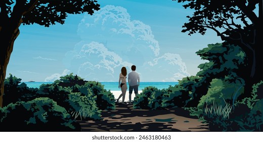 Couple of lover at the beach have tropical blue sea background and silhouette tree with bush foreground graphic illustrated. Journey of sweetheart concept flat design.