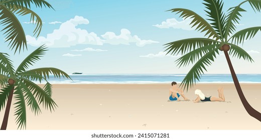 Couple of lover at the beach and tropical blue sea vector illustration. Journey of sweetheart concept flat design.