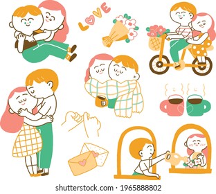 Couple and Lover, boy and girl, are in love, hug, kiss, ride a bicycle and plant flowers. Hand draw Vector style. Love letter, couple cups, flowers and promise hands.
