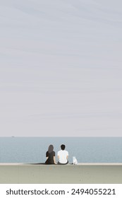 Couple of lover with cat sitting on barrier at seaside in a foggy day graphic illustration. Travel with pet landscape minimalism concept vertical shape have blank space.