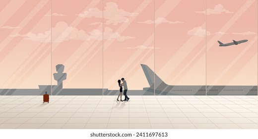 Couple of lover embracing at the airport have plane and vanilla sky background through windows vector illustration. Happy ending scene concept.