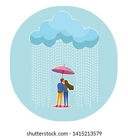 Couple of lover embracing and kissing under the umbrella in an autumn rainy day. Love and couple relationships concept. Vector illustration.  