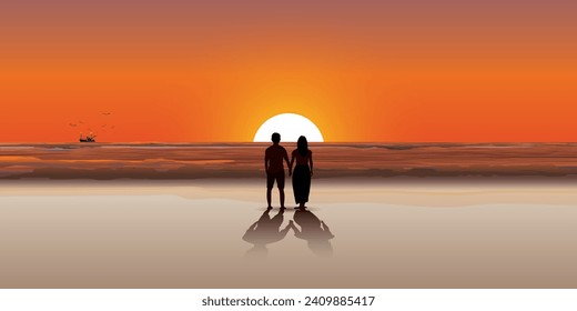 Couple of lover hand holding at the beach with sunset background vector illustration. Journey of sweetheart concept flat design.