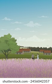 Couple of lover hands holding together at lavender fields on the hill have country houses and mountain range behind vector illustration.