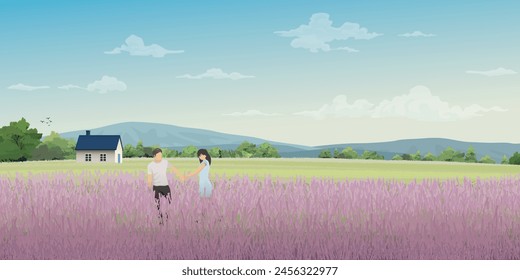 Couple of lover hands holding together at lavender fields on the hill have country houses and mountain range behind vector illustration.