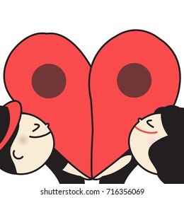 Couple Lover Holding Carrying The Heart Shaped Location Pins On The Same Point Place Concept Card Character illustration