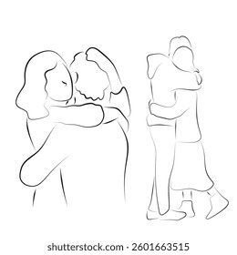 couple lover hugging each other illustration vector hand drawn with black lines isolated on white background