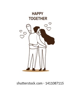 Couple of lover hugging and kissing while celebrating with flower bouquet in hand time together in vacation isolated on white background. Vector illustration.  