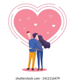 Couple of lover hugging and kissing while celebrating with flower bouquet in hand time together in vacation isolated on pink heart background. Vector illustration.  