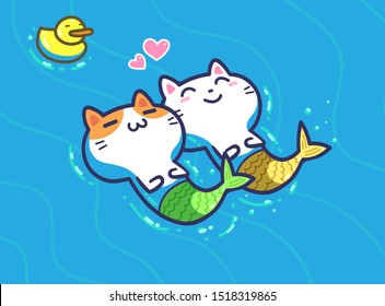 Pareja amante kawaii gatos sirena relajarse durmiendo en el vector de caricatura de agua de mar