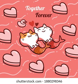 Couple lover kawaii cats mermaid, happy valentine day card