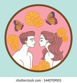 Couple of lover kissing and enjoying the beautiful nature with flowers and butterfly. Use for Greeting cards, wedding invitation and frame of love symbols. Concept Love destiny Vector illustration.