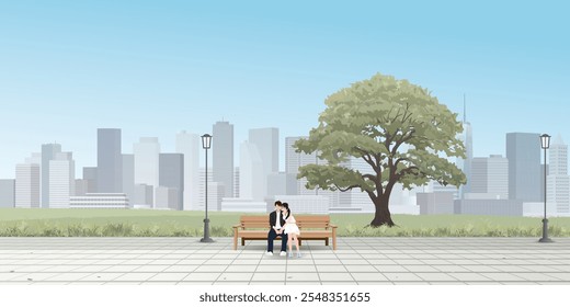 Casais de amante beijando no banco no parque público têm arranha-céu e céu azul fundo ilustração gráfica. O conceito de namoro da querida tem espaço em branco.