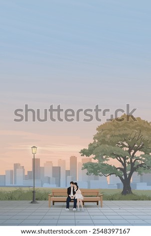 Couple of lover kissing on the bench at public park have skyscraper and vanilla sky vertical background graphic illustration. Sweetheart's dating concept have blank space.