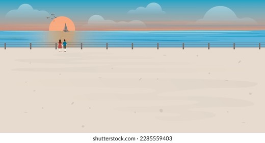 Couple of lover looking sunset at view point of ocean vector illustration. Landscape of coast beautiful sea shore with sunset flat design illustration.