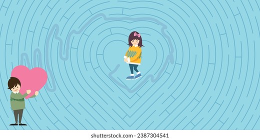 Couple of lover in maze labyrinth game concept flat design vector illustration.