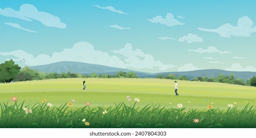 Couple of lover meeting at meadow on the hill have mountain range and blue sky background vector illustration. Journey of sweetheart concept flat design have blank space.