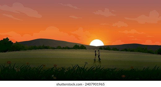 Couple of lover meeting at meadow on the hill have mountain range with sunset background vector illustration. Journey of sweetheart concept flat design have blank space.