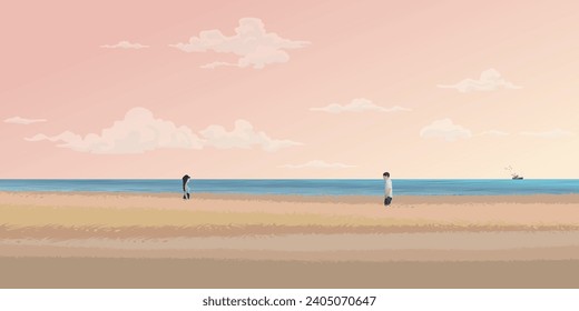 Couple of lover meeting on field at coastal have tropical blue sea and vanilla sky background vector illustration. Valentine's day concept flat design have blank space.