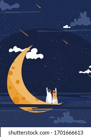 Couple lover people sitting on half moon watching staring at the sky.