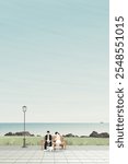 Couple of lover sitting on the bench with them dog on leash at public park seaside have blue sky vertical background graphic illustration. Sweetheart