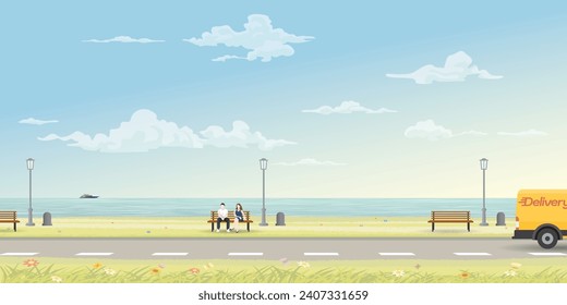 Couple of lover sitting on bench at seaside have local road through the park flat design vector illustration. Travelling of sweetheart concept.