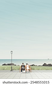 Couple of lover sitting on the bench with them dog on leash at public park seaside have blue sky vertical background graphic illustration. Sweetheart's dating concept have blank space.