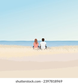 Couple of lover sitting on field at coastal and tropical blue sea in autumn season vector illustration. Valentine's Day concept flat design.