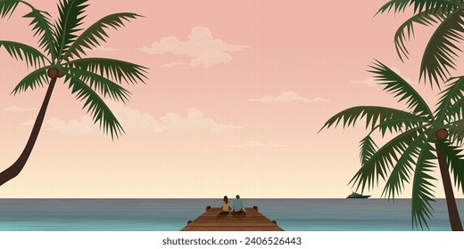 Couple of lover sitting on the pier have tropical blue sea and vanilla sky background vector illustration. Couple's journey concept flat design.