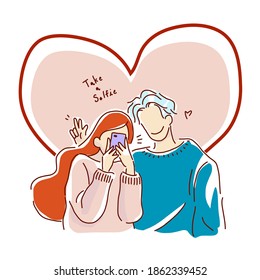 Pareja de amantes que se toman un selfie mientras se relajan con una agradable estancia aislada en un fondo rosa del corazón. Ilustración vectorial. 