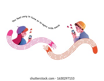 
Couple of lover using and incoming call on smartphone screen for meeting online, dating in social network. Design with mobile phone sending heart. Happy Valentine day.