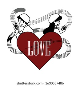 Couple of lover using and incoming call on smartphone screen for meeting online, dating in social network. Design with mobile phone sending heart. Happy Valentine day.