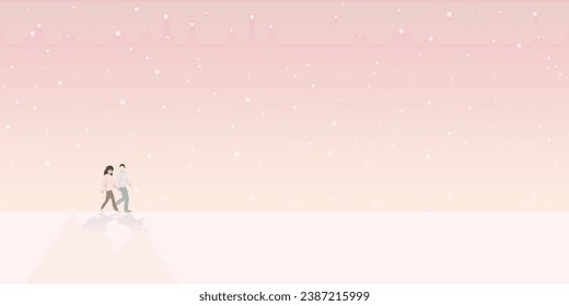 Un par de amantes que caminan junto con el dramático fondo del cielo y la ilustración vectorial de la nevada tienen espacio en blanco. Plantilla de tarjeta de saludo de San Valentín.