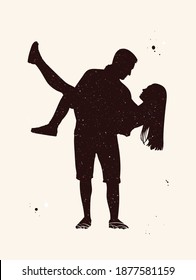 Couple of lovers abstract silhouette. Guy carry girl. Night starry sky