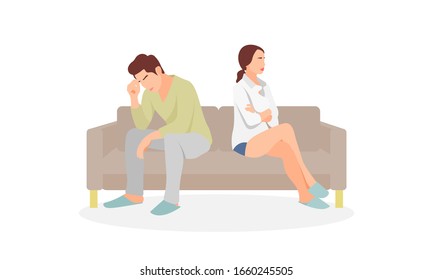 A couple of lovers arguing. Two people fight. Family problem. Relationship falling apart. Spouse fight on sofa or couch. Divorce concept - Flat design vector illustration.