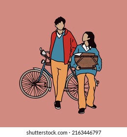 A couple of lovers came to a picnic on a bicycle.