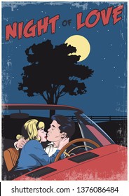 Couple of Lovers in Car Comic Book Style Illustration