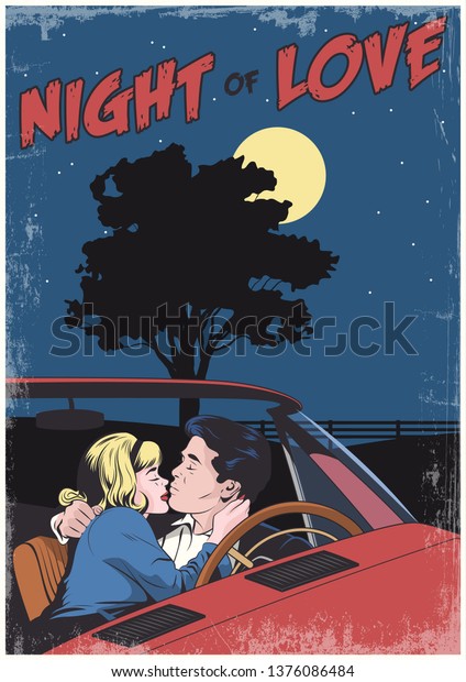 Couple of\
Lovers in Car Comic Book Style\
Illustration