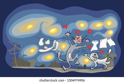 couple of lovers cats walk on the roof in the evening / passionate date