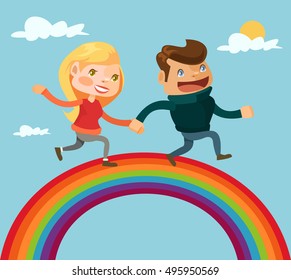 Couple lovers character running on rainbow. Vector flat cartoon illustration