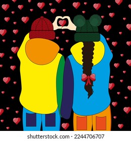 Couple of lovers in colorful hoodie. Boy and girl in winter hat, sweatshirt and jeans on black background with heart. Valentines day concept. Valentine greeting card. Lgbt couple.