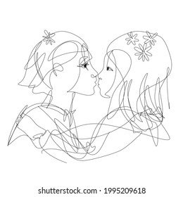 Couple of lovers in continuous line art style. Young persons in love. Dating concept. 