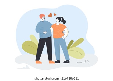 Couple of lovers cuddling, hearts over people. Happy man and woman standing together on love date flat vector illustration. Relationship concept for banner, website design or landing web page