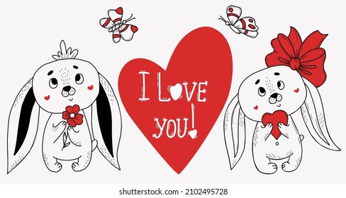 Couple of lovers Cute rabbits. Girl hare with bow and heart and hare boy with flower. Big heart with text I love you. Vector illustration. Funny animal for design and decoration, Valentines day card