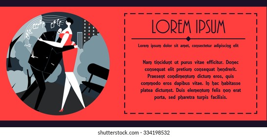 Couple of lovers dance outdoors drawing. Trendy vintage colors. Use for invitation or ticket of your event. Lady in red dress with her beloved outside in slow dance.